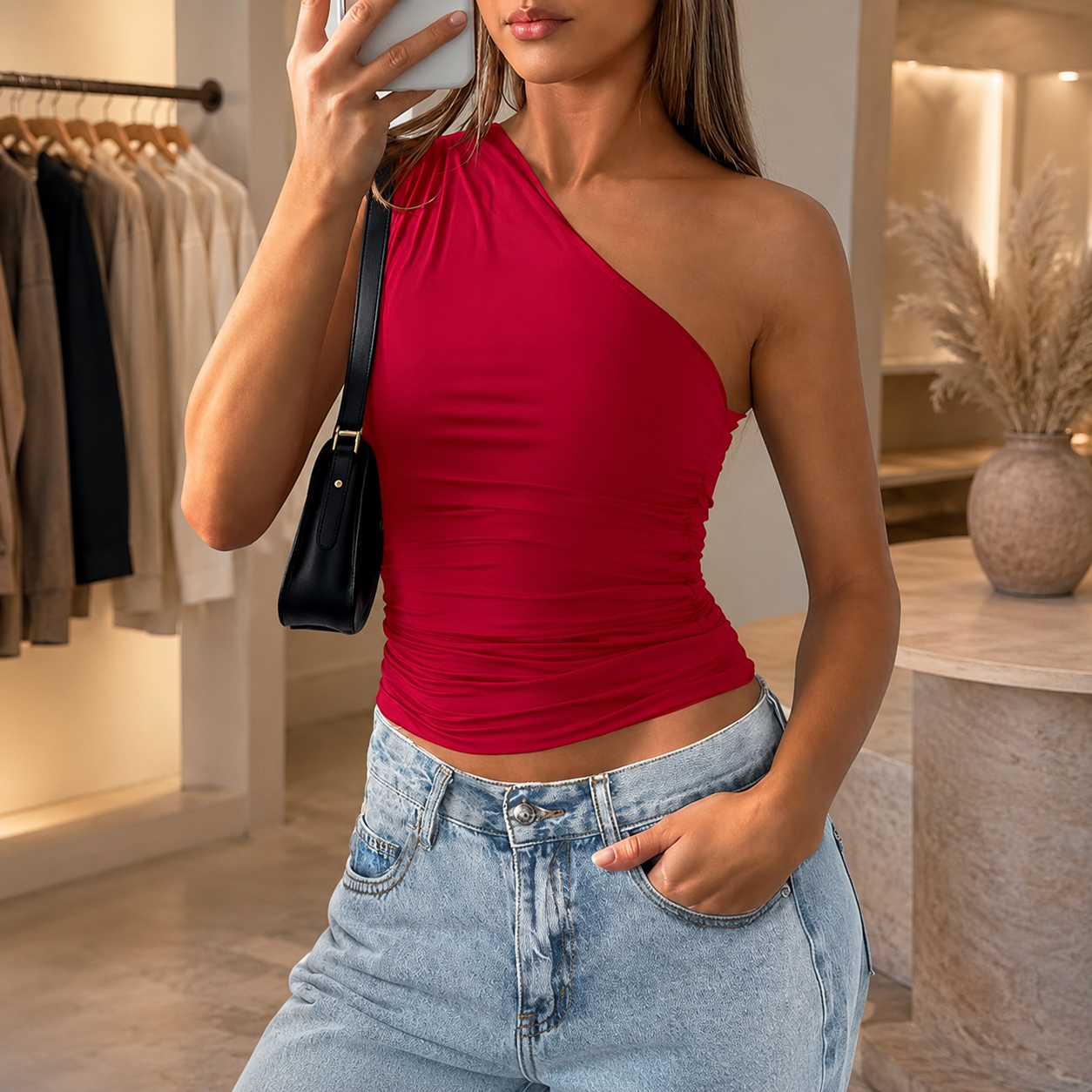 One Shoulder Ruched Crop Top