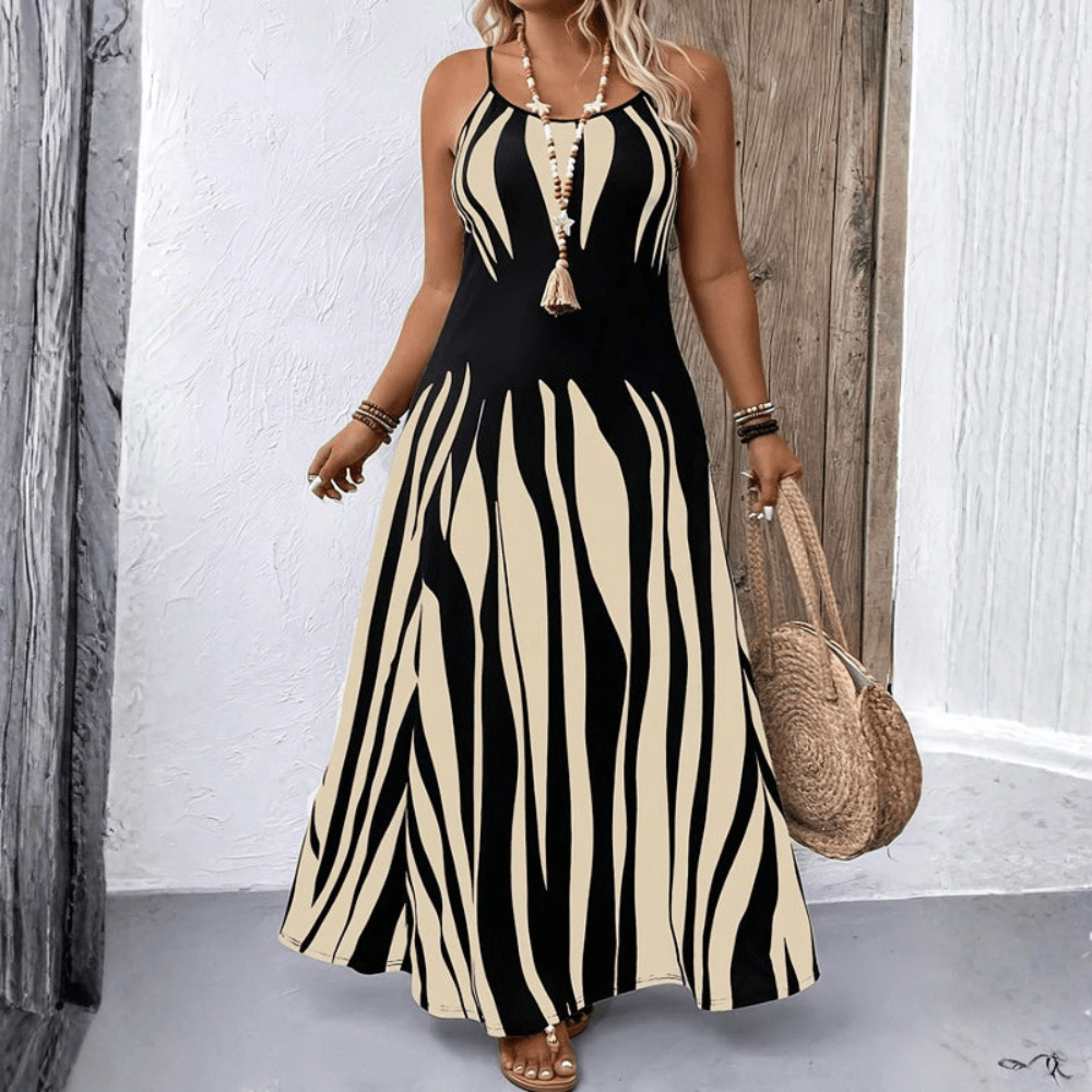 Zebra Print Sleeveless Adjustable Strap Maxi Dress