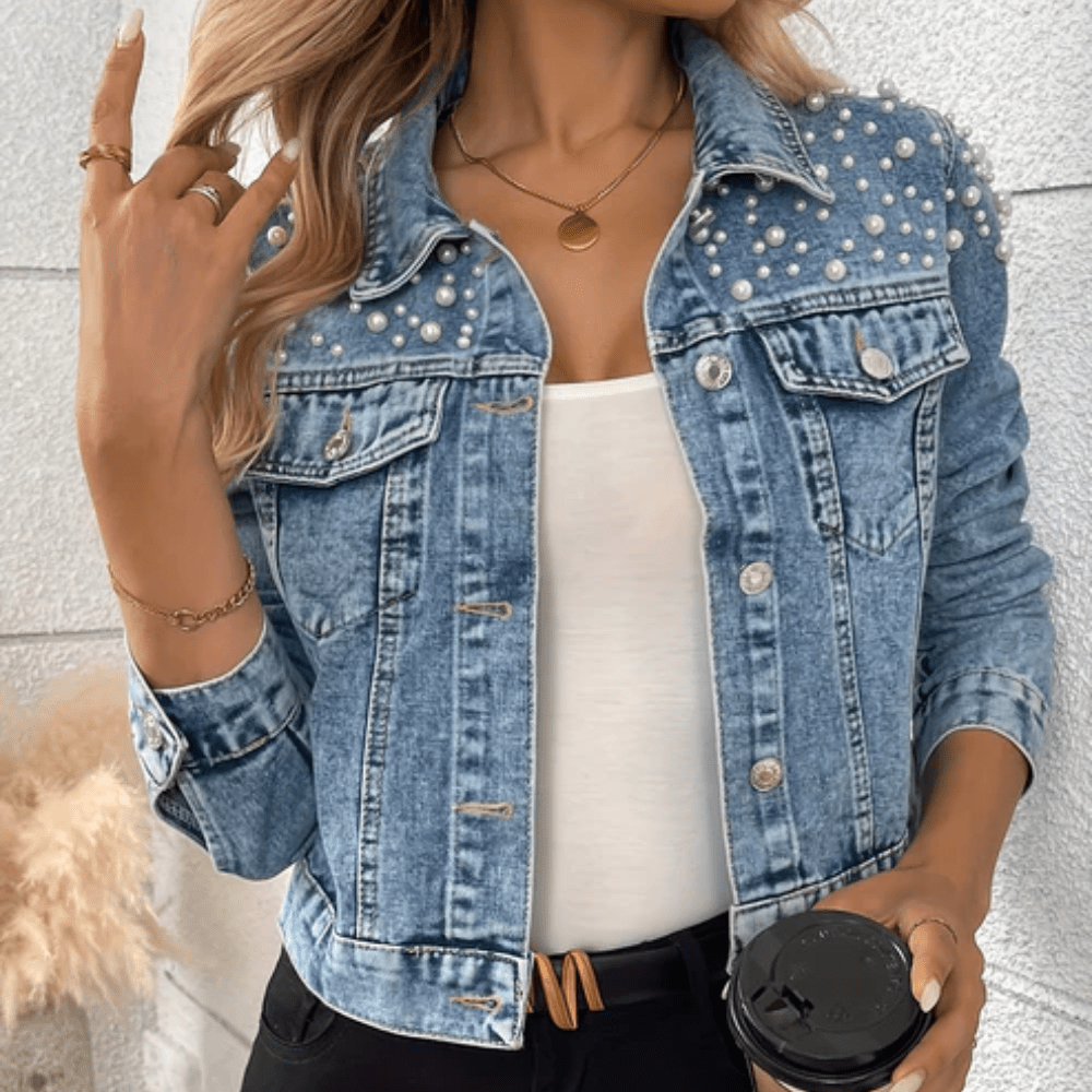 Glänzende Perlen-Denim-Jacke