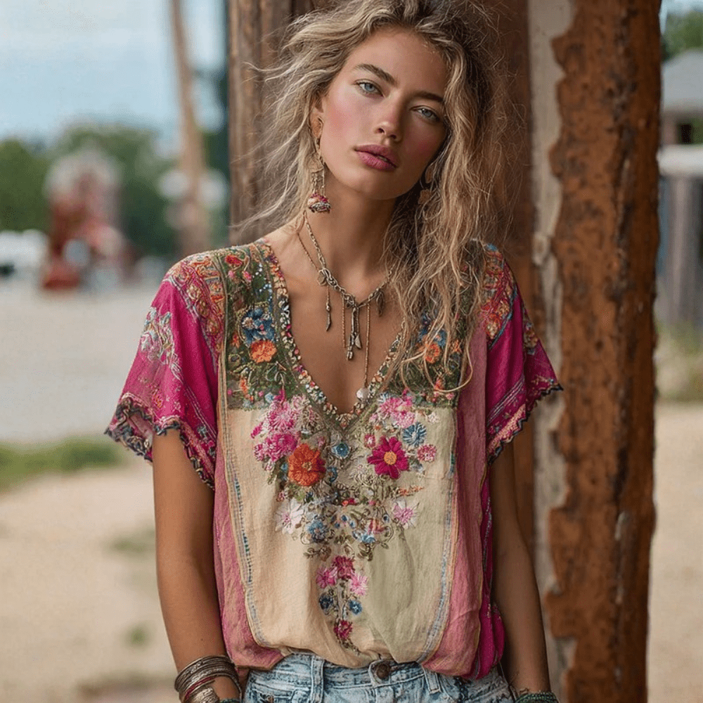 Boho Baumwoll-T-Shirt mit V-Ausschnitt