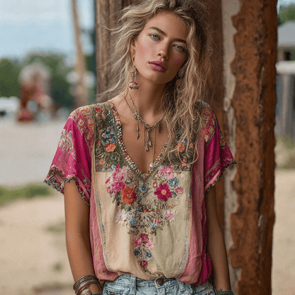Boho Baumwoll-T-Shirt mit V-Ausschnitt