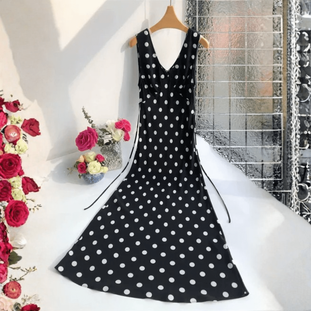 Deep V Polka Dot Silk Maxi Dress