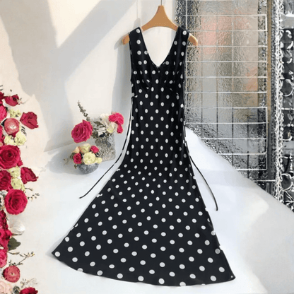 Deep V Polka Dot Silk Maxi Dress