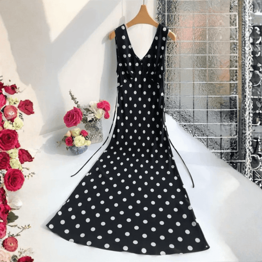 Deep V Polka Dot Silk Maxi Dress