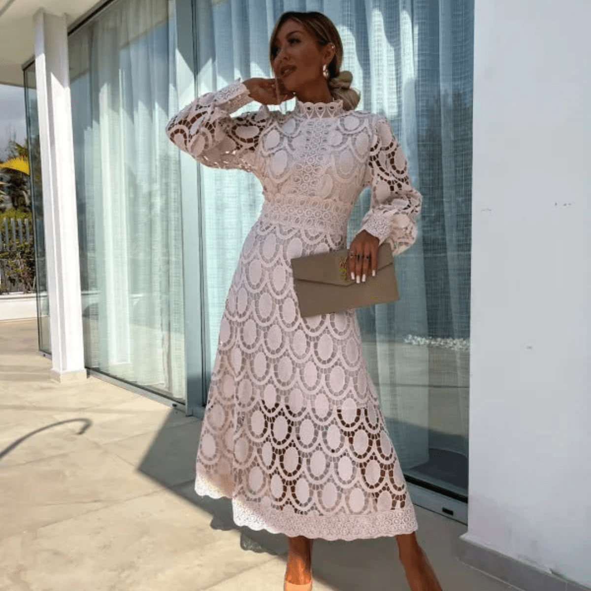 Elegant Lace Long Sleeve Midi Dress