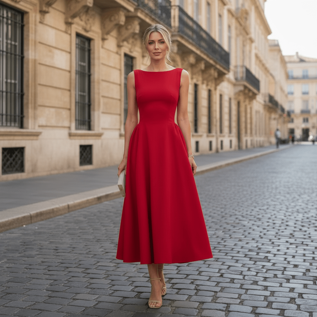 Defined Waist Sleeveless Midi Dress