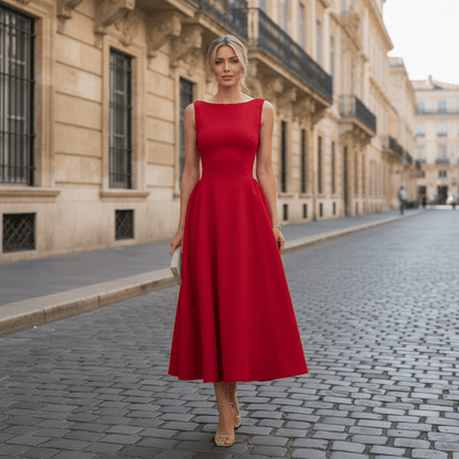 Defined Waist Sleeveless Midi Dress