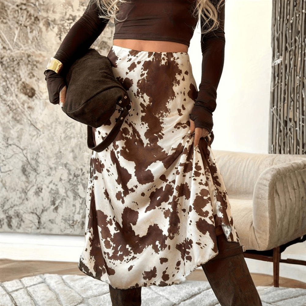 Playful Cow Print Midi Skirt