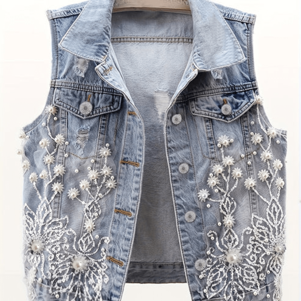 Perlenbesetzte Blumen-Denim-Weste
