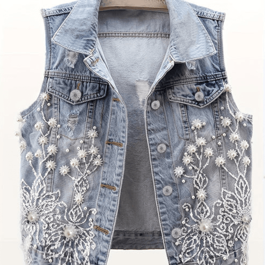 Beaded Floral Denim Vest