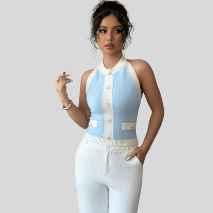 Icy Blue Halter Neck Button Front Tailored Vest Top