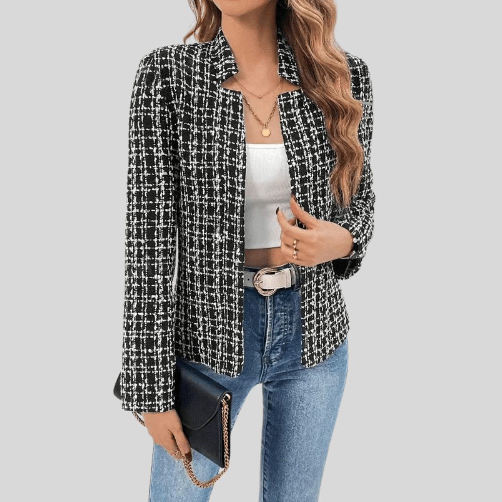 Checkered Tweed Blazer Open Front