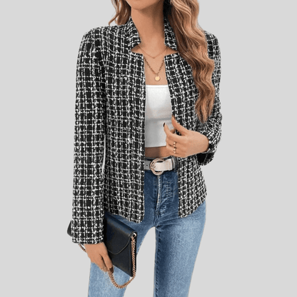 Checkered Tweed Blazer Open Front