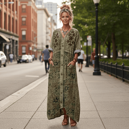 Button Front Embroidered Midi Dress