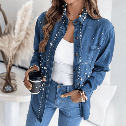 Denim Pearl Rhinestone Button Up Shirt Top