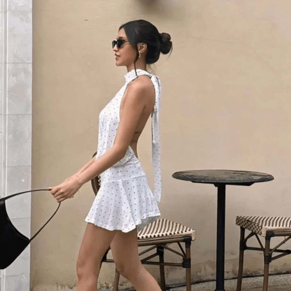 Spotted Halter Mini Dress Backless