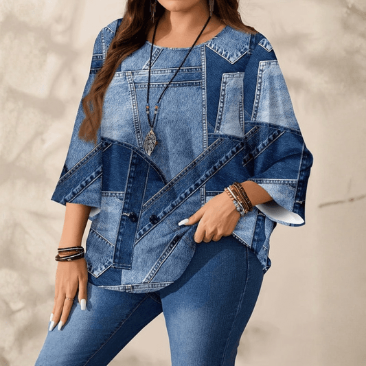 Casual Denim Blouse Round Neck