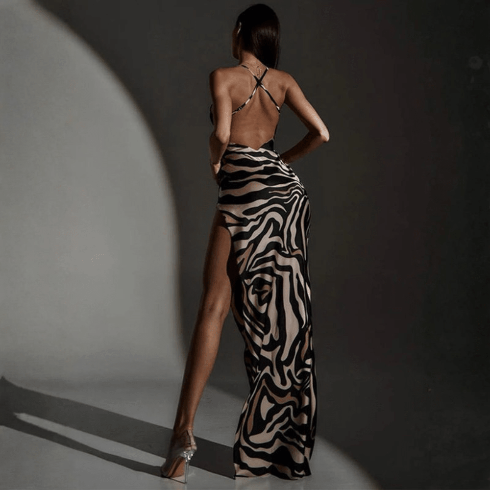 Backless Zebra Print Maxi Dress