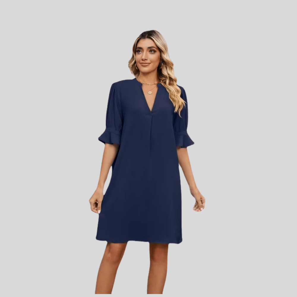 V Neck Pleated Loose Midi Dress