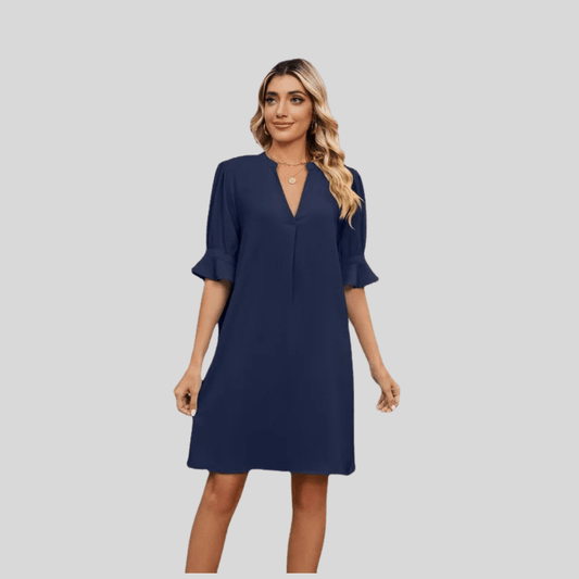 V Neck Pleated Loose Midi Dress