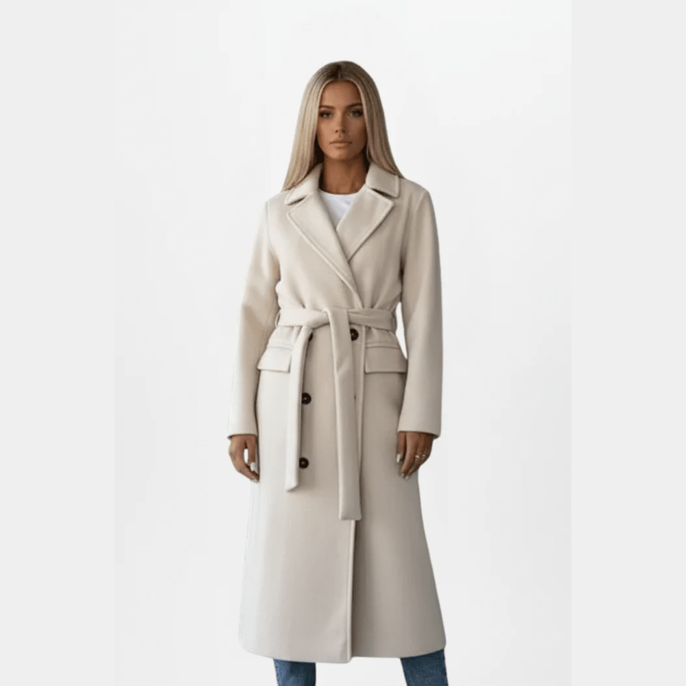 Polished Wool Coat Double Breasted with Belt