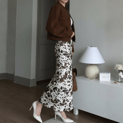 Autumnal Cow Print Midi Skirt