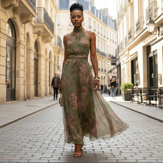 Gathered Floral Halter Midi Dress