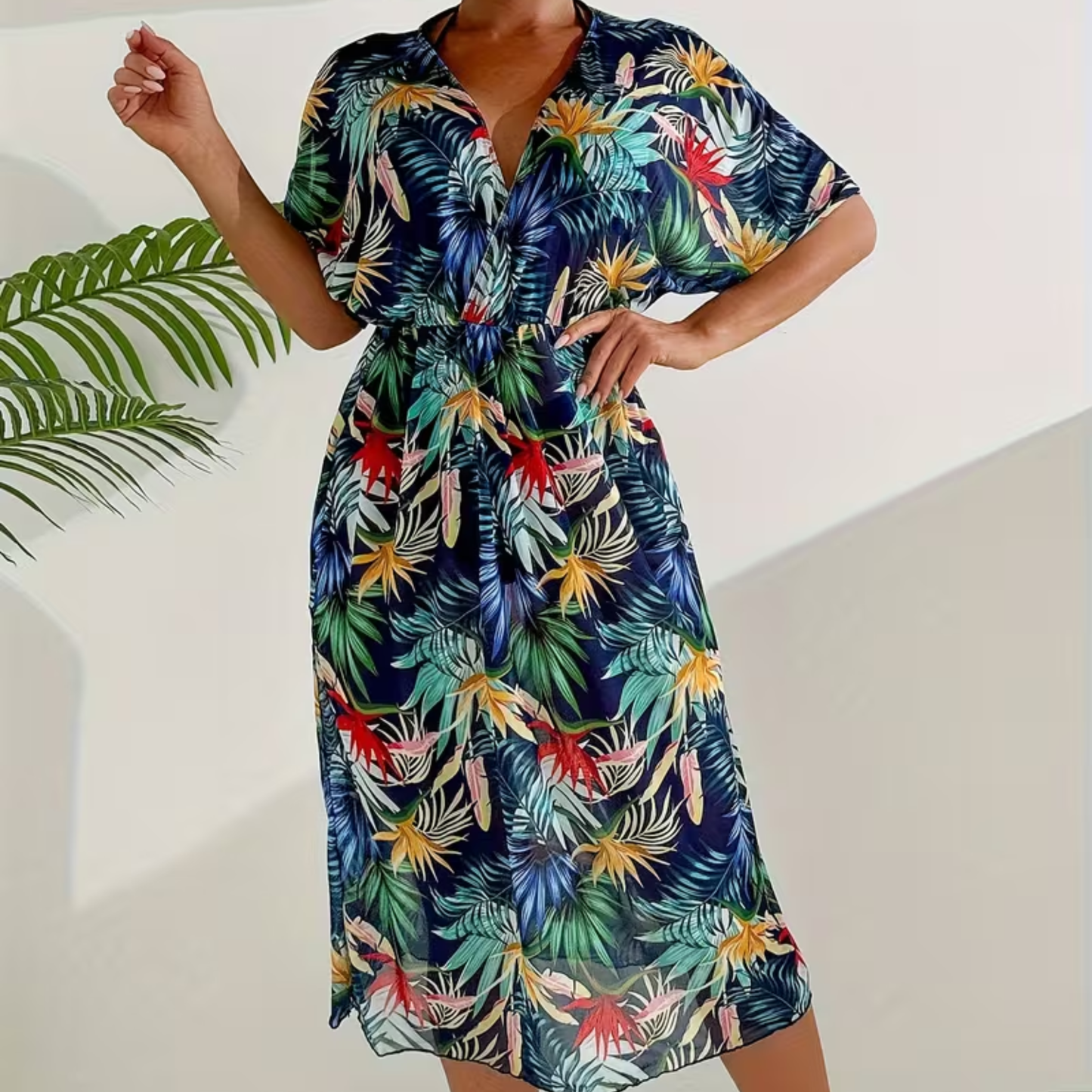 Tropical V Neck Beach Cover Up Dress