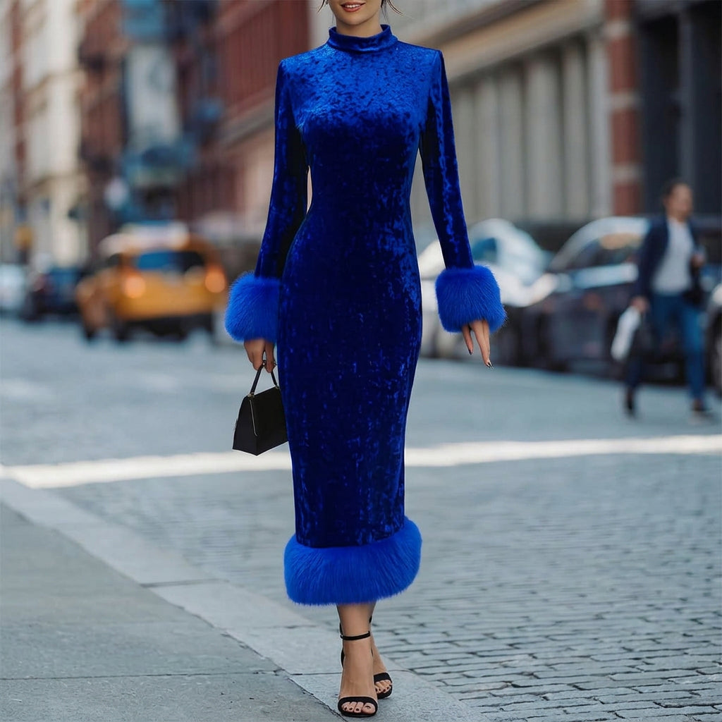 Bree | Women's Long Sleeve Velvet Feather Trim Maxi Dress