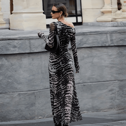 Zebra Print Off Shoulder Bodycon Maxi Dress