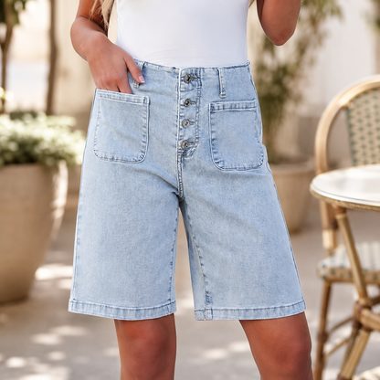 High Waisted Button Fly Bermuda Shorts