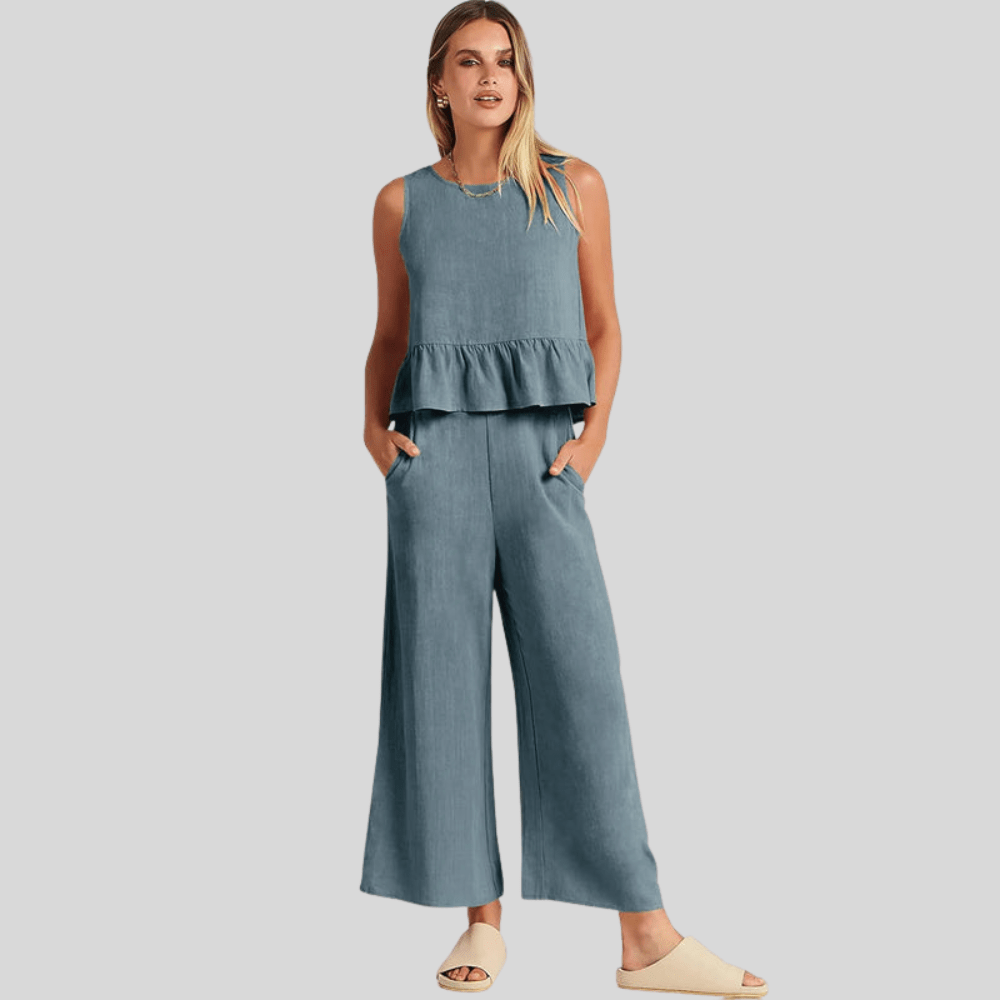 Sleeveless Pleated Vest And Wide Leg Pants Set