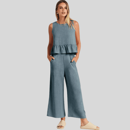 Sleeveless Pleated Vest And Wide Leg Pants Set