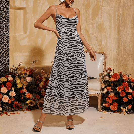 Zebra Print Square Neck Strap Maxi Dress