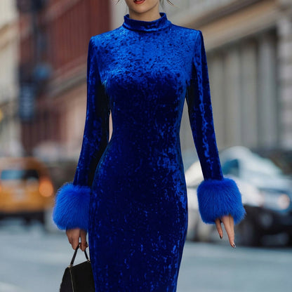 Bree | Women's Long Sleeve Velvet Feather Trim Maxi Dress