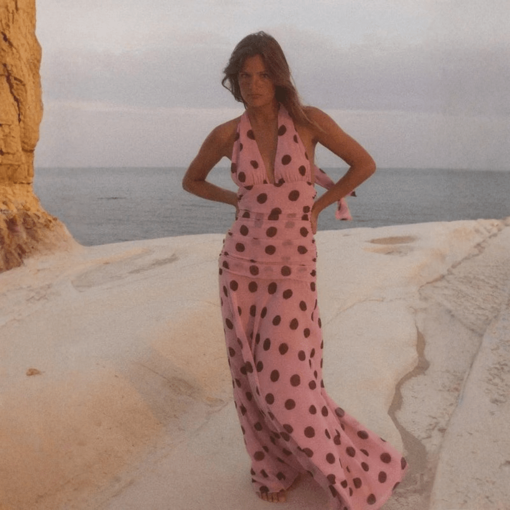Dotted Chiffon Maxi Dress Backless