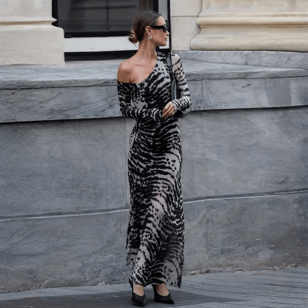 Zebra Print Off Shoulder Bodycon Maxi Dress
