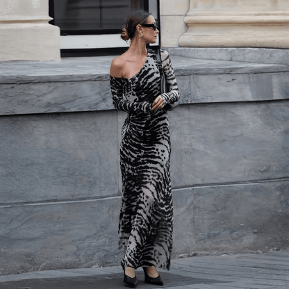 Zebra Print Off Shoulder Bodycon Maxi Dress