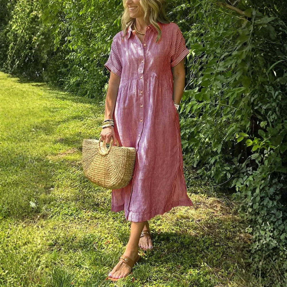 midi summer dress for work Striped Button Front | Casual Shirt Sundress and | Flowy Vacation Day Dress for Women making it the ideal Color:Navy Combo the_big_winter_sale_xlarge Brown Textured Wedding Guest