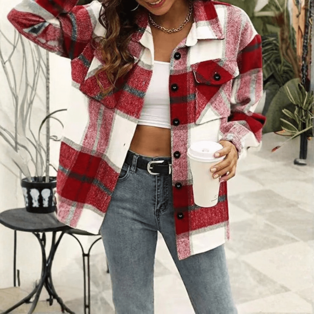 Cozy Plaid Shacket Pockets