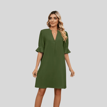 V Neck Pleated Loose Midi Dress