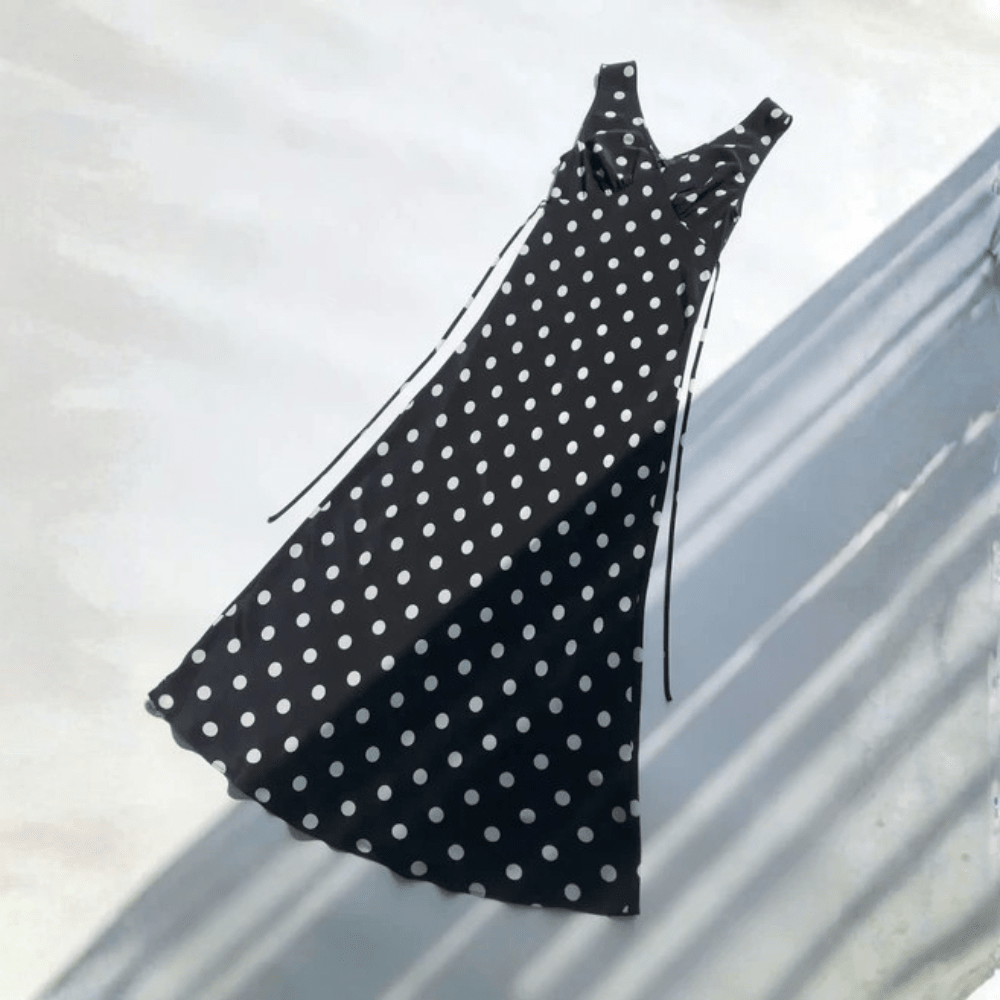 Deep V Polka Dot Silk Maxi Dress