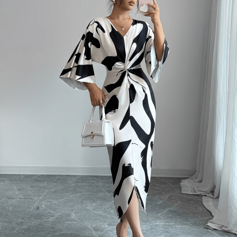 Sculpted Print Twist Midi Dress