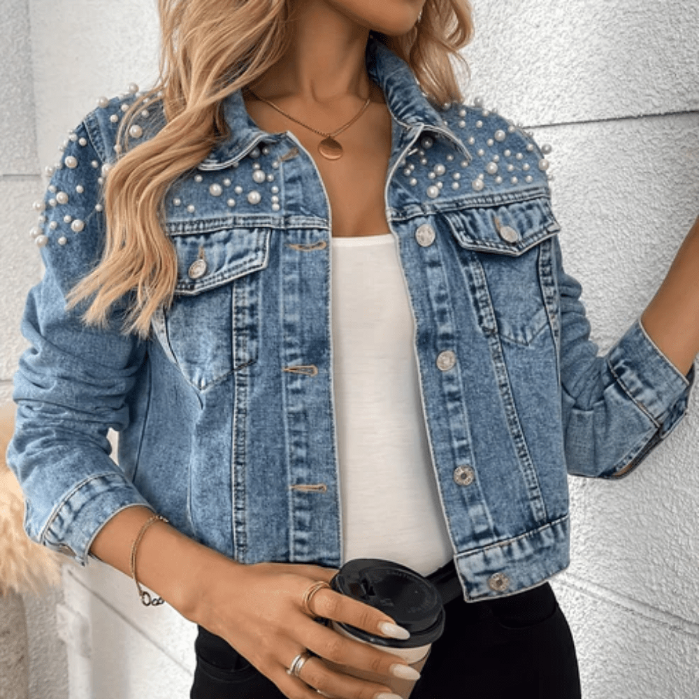 Glänzende Perlen-Denim-Jacke