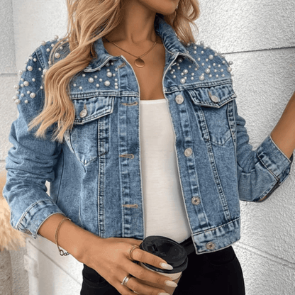 Glänzende Perlen-Denim-Jacke