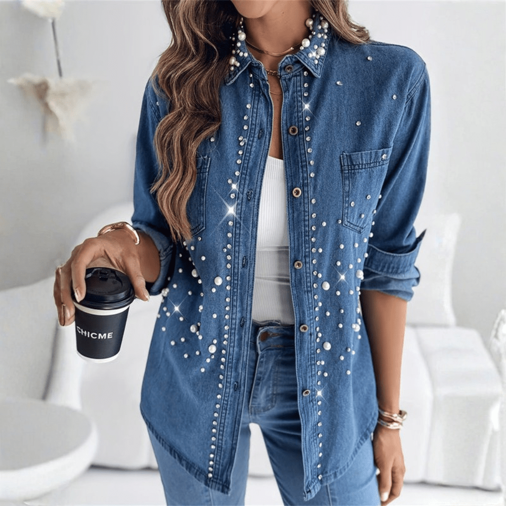 Denim Pearl Rhinestone Button Up Shirt Top