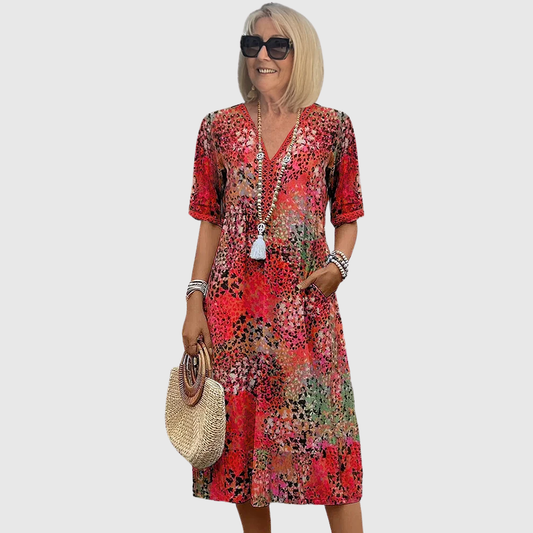 Vestido midi elegante A-line con escote en V y estampado