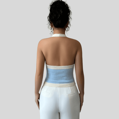 Icy Blue Halter Neck Button Front Tailored Vest Top