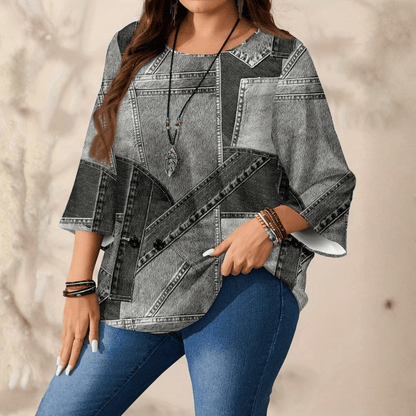Casual Denim Blouse Round Neck