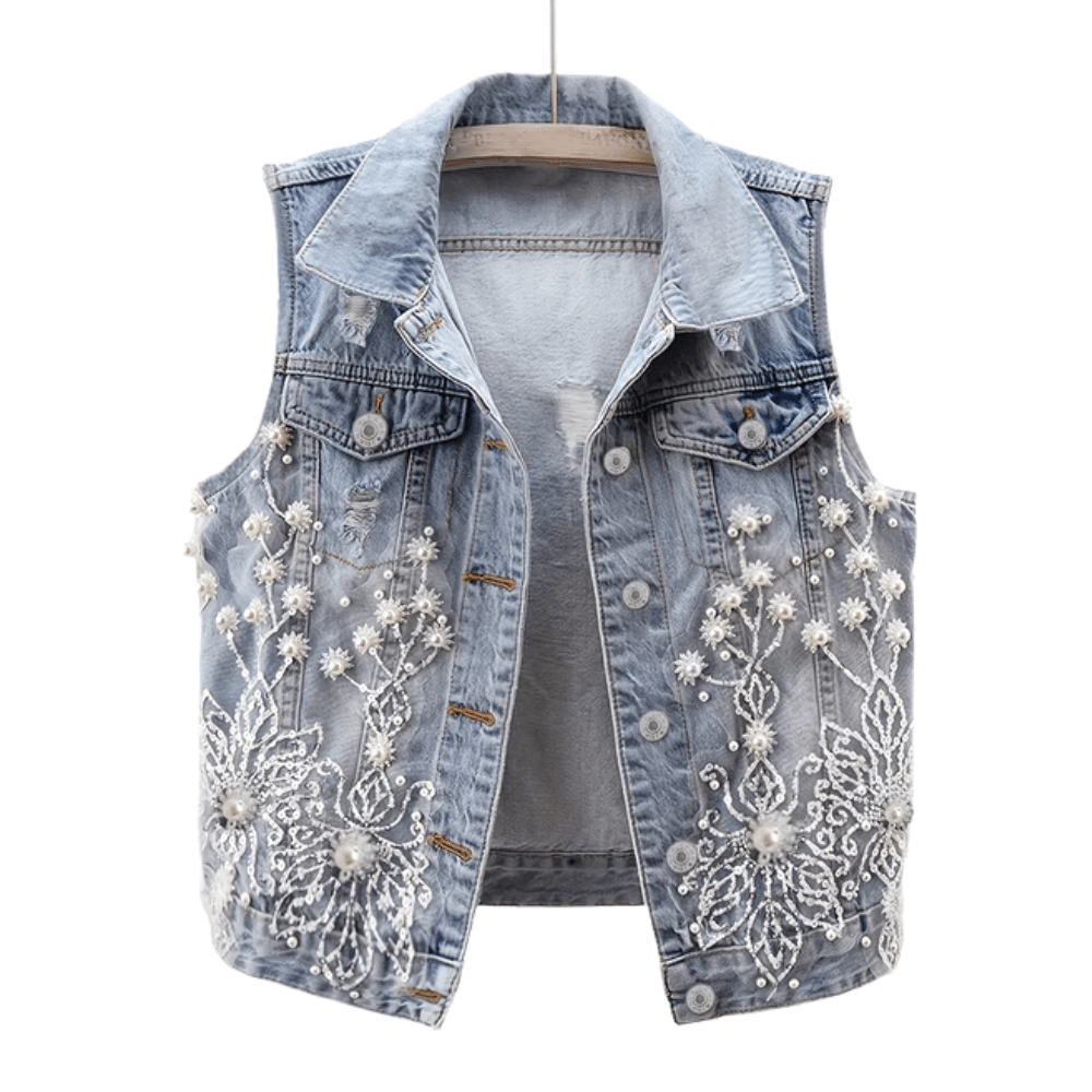 Perlenbesetzte Blumen-Denim-Weste